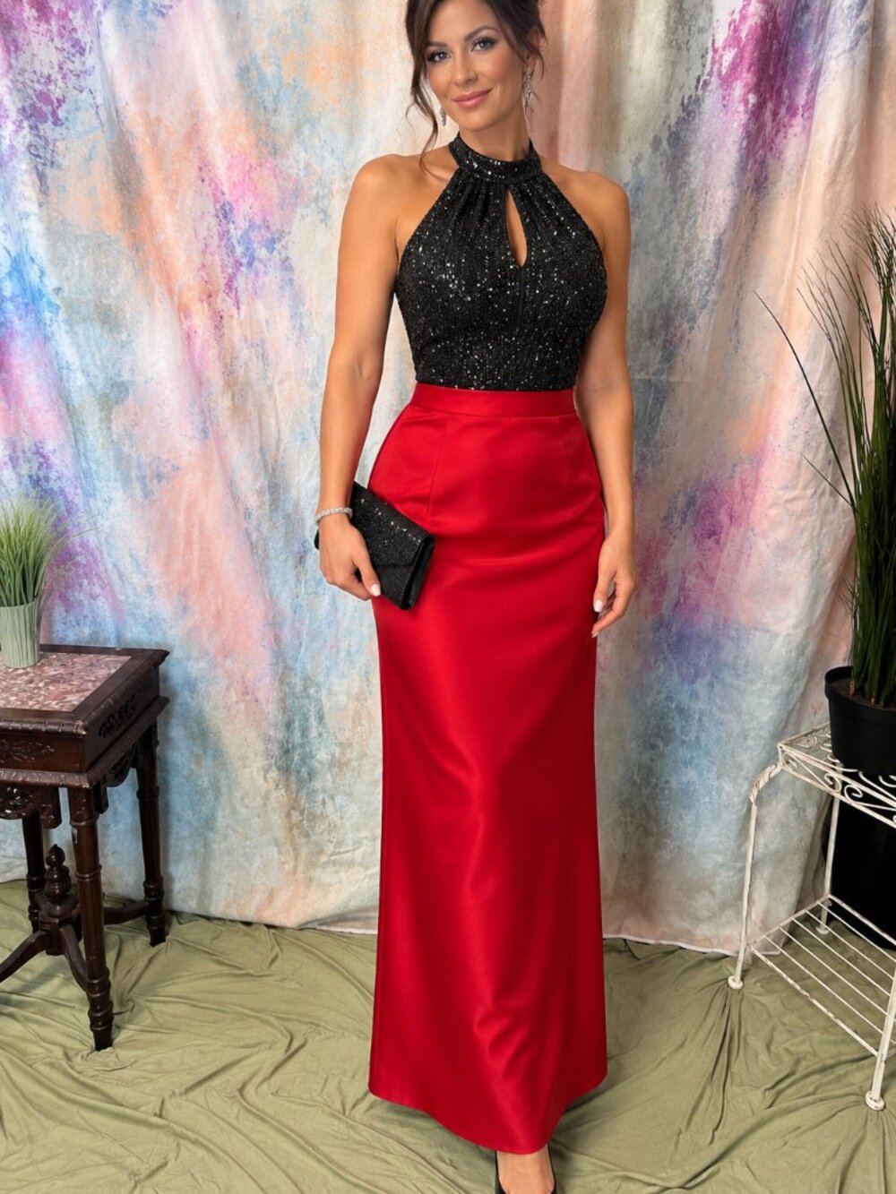 VTG📌J.R. Nites Understated Elegant Taffeta Formal Column Red Maxi Skirt w/ Slit